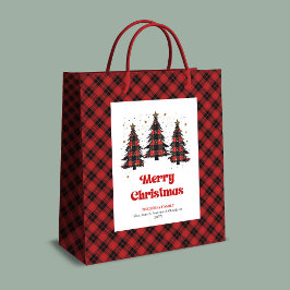 Modern buffalo plaid Christmas tree gift bag name Mittlere Geschenktüte