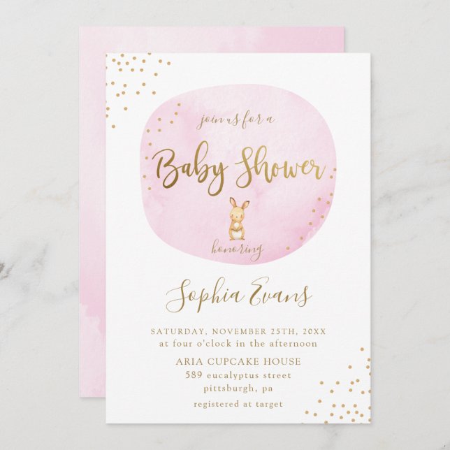 Modern Bunny Typografie Baby Dusche Chic Pink Gold Einladung (Vorne/Hinten)