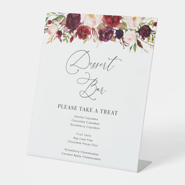 Modern Burgund-Blütendessert-Bar Sockelschild (Vorderseite)