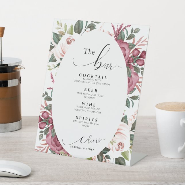 Modern Burgund Elfenbeincreme Pink | Die Bar Hochz Sockelschild (In SItu)