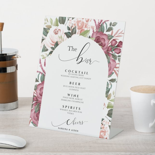 Modern Burgund Elfenbeincreme Pink | Die Bar Hochz Sockelschild (In SItu)