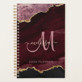 Modern Burgund Gold Glitzer Agate Monogram 2024 Planer
