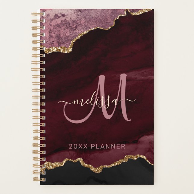 Modern Burgund Gold Glitzer Agate Monogram 2024 Planer (Vorderseite)