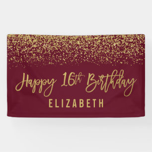 Modern Burgund Imitate Gold Glitzer 16. Geburtstag Banner