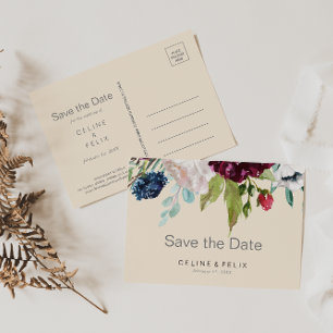 Modern Burgund Navy Blush Floral Save the Date Po Postkarte