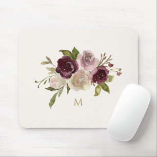 Modern Burgund-Rosa Florales Wasserfarben-Monogram Mousepad