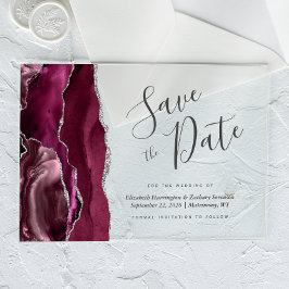 Modern Burgund Silver Agate Save the Date Card Acryleinladungen