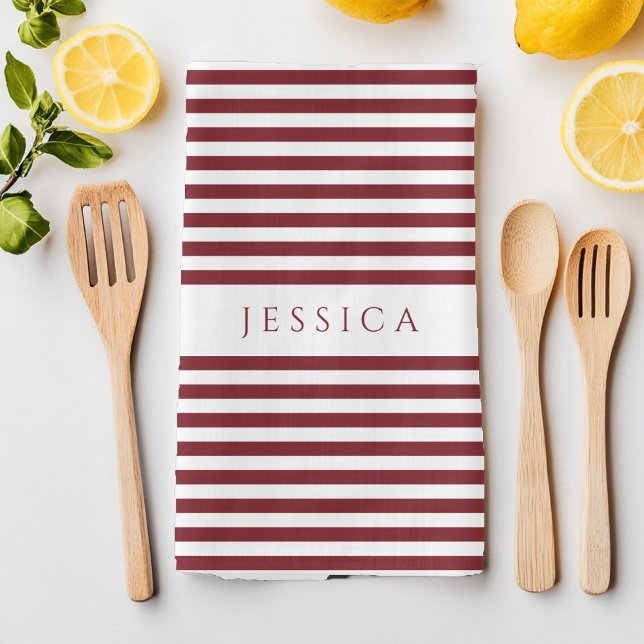 Modern Burgund Strickmuster Name Geschirrtuch (Modern Burgundy Striped Pattern Name Kitchen Towel)