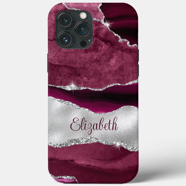 Modern Burgund und Silver Agate Monogram Case-Mate iPhone Hülle (Rückseite)