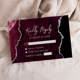 Modern Burgundy Agate Silver Script Wedding RSVP