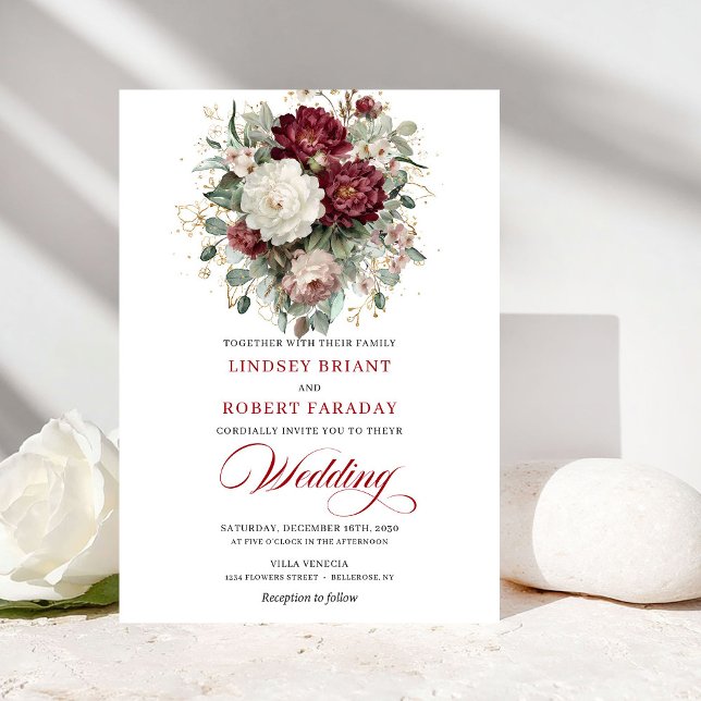 Modern Burgundy and White Flowers Wedding Invite Einladung (Modern Burgundy and White Flowers Wedding Invitation)