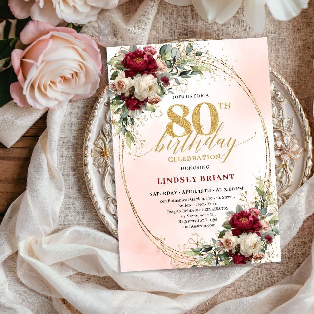 Modern Burgundy Blush Floral 80th Birthday Invite Einladung (Modern Burgundy Blush Floral 80th Birthday Invite)