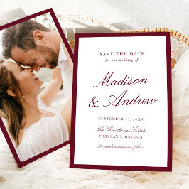Modern Burgundy Border Photo Wedding Save The Date