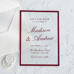 Modern Burgundy Border Wedding Save the Date Acryleinladungen<br><div class="desc">Announce your special day in rich, romantic style using this burgundy border acrylic save the date card. A deep burgundy frame outlines the design on a clear acrylic background, adding warmth and timeless sophistication. The couple’s names are displayed in elegant script, paired with classic serif lettering for the wedding date...</div>