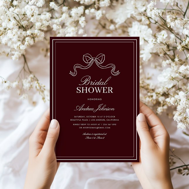 Modern Burgundy Bow Elegant Timeless Bridal Shower Einladung (Von Creator hochgeladen)