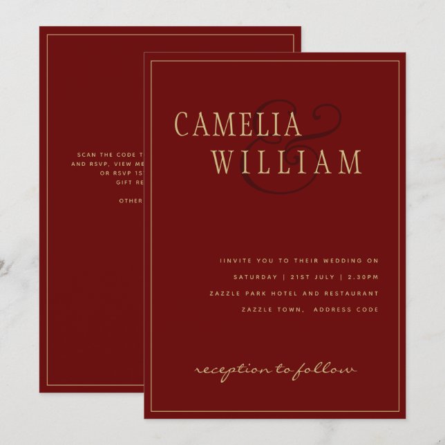 Modern Burgundy Deep Red Wedding Einladung Gold (Vorne/Hinten)