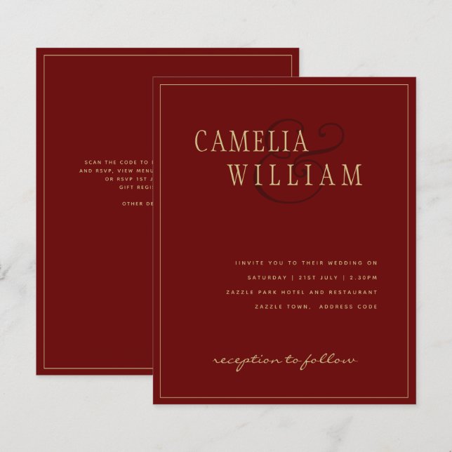 Modern Burgundy Deep Red Wedding Einladung Gold (Vorne/Hinten)