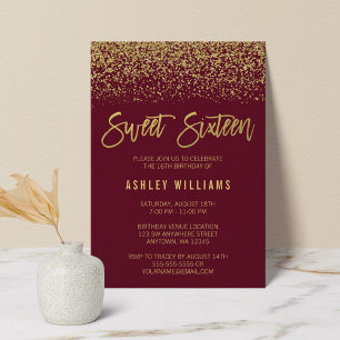 Modern Burgundy Faux Gold Glitter Sweet 16 Einladung
