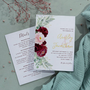 Modern Burgundy Floral Greenery Wedding All in One Folieneinladung