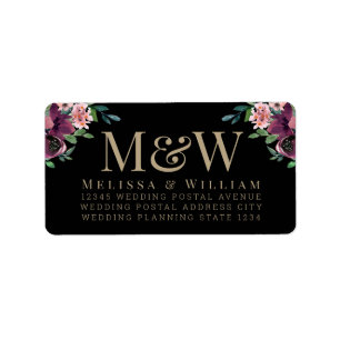Modern Burgundy Floral Monogram Black Address Adressaufkleber