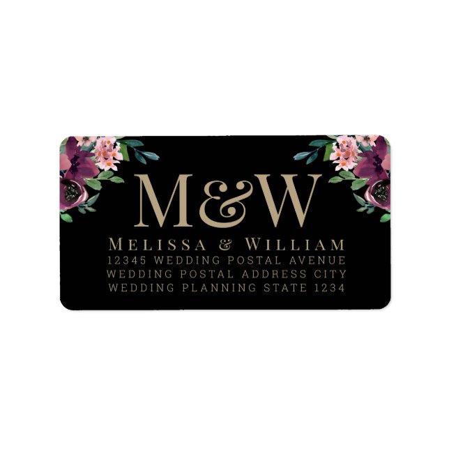 Modern Burgundy Floral Monogram Black Address Adressaufkleber (Vorne)