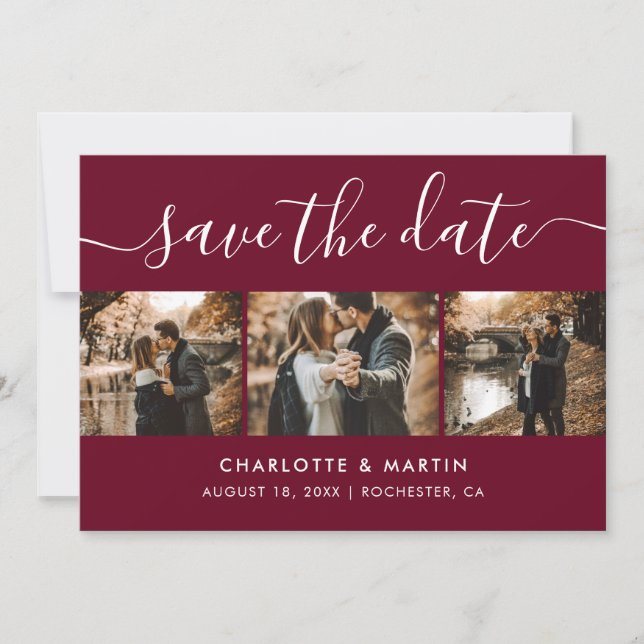 Modern Burgundy Foto Collage Save the Date (Vorderseite)