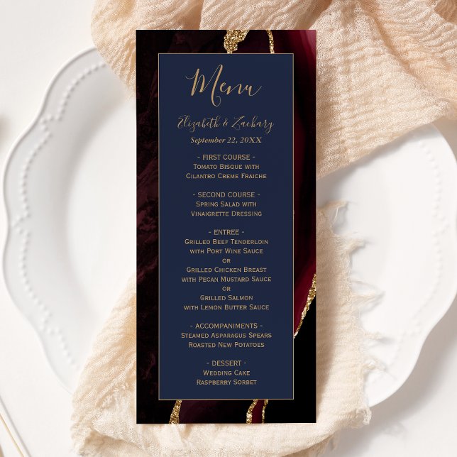Modern Burgundy Gold Agate Navy Blue Wedding Menu Menükarte (Von Creator hochgeladen)