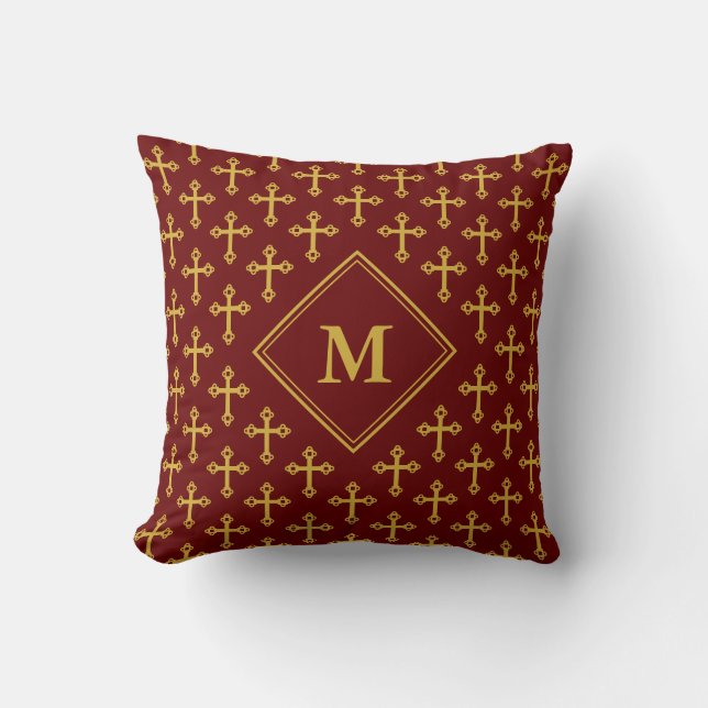 Modern Burgundy Gold CROSS Monogram Kissen (Vorderseite)