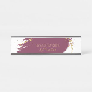 Modern Burgundy Gold Paint Strokes Schreibtisch Na Schreibtischnamensplakette