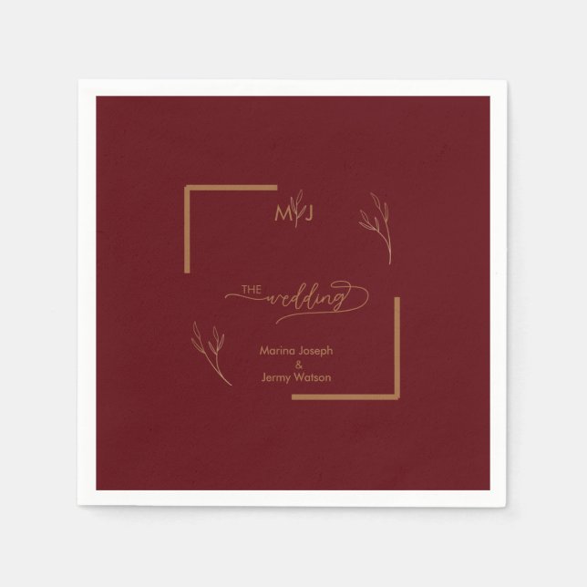 Modern Burgundy Golden Leaflet Border Monogram Serviette (Vorderseite)