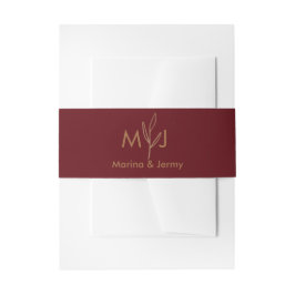 Modern Burgundy Golden Leaflet Monogram Einladungsbanderole