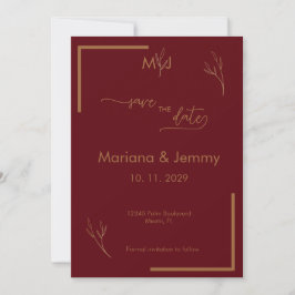 Modern Burgundy Golden Leaflet Monogram Scripted Save The Date
