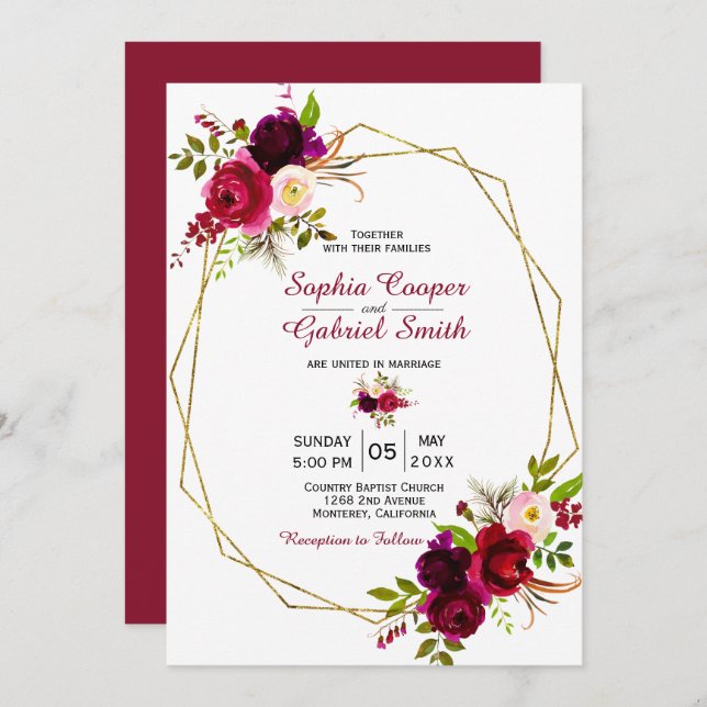 Modern Burgundy Marsala Floral Gold Rahmen Wedding Einladung (Vorne/Hinten)