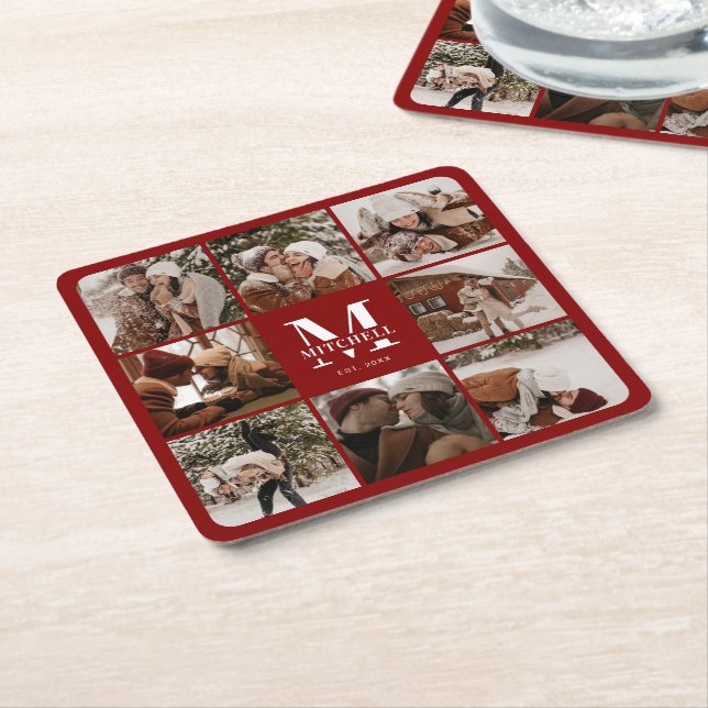 Modern Burgundy Monogram, erstes Foto für Familien Rechteckiger Pappuntersetzer (angewinkelt)