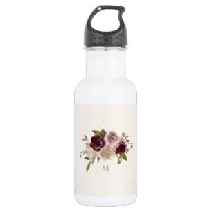 Modern Burgundy Pink Floral Watercolor Monogram Edelstahlflasche