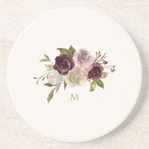 Modern Burgundy Pink Floral Watercolor Monogram Getränkeuntersetzer