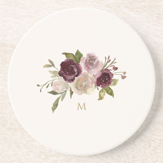 Modern Burgundy Pink Floral Watercolor Monogram Getränkeuntersetzer (Vorne)