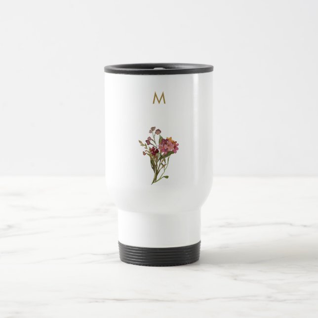Modern Burgundy Pink Floral Watercolor Monogram Reisebecher (Mittel)