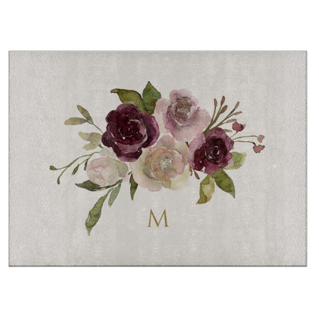 Modern Burgundy Pink Floral Watercolor Monogram Schneidebrett (Vorderseite)