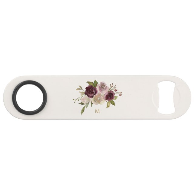 Modern Burgundy Pink Floral Watercolor Monogram Speed Flaschenöffner (Vorderseite (Horizontal))