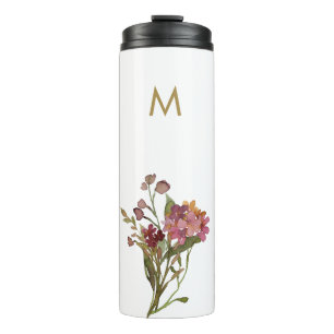 Modern Burgundy Pink Floral Watercolor Monogram Thermosbecher