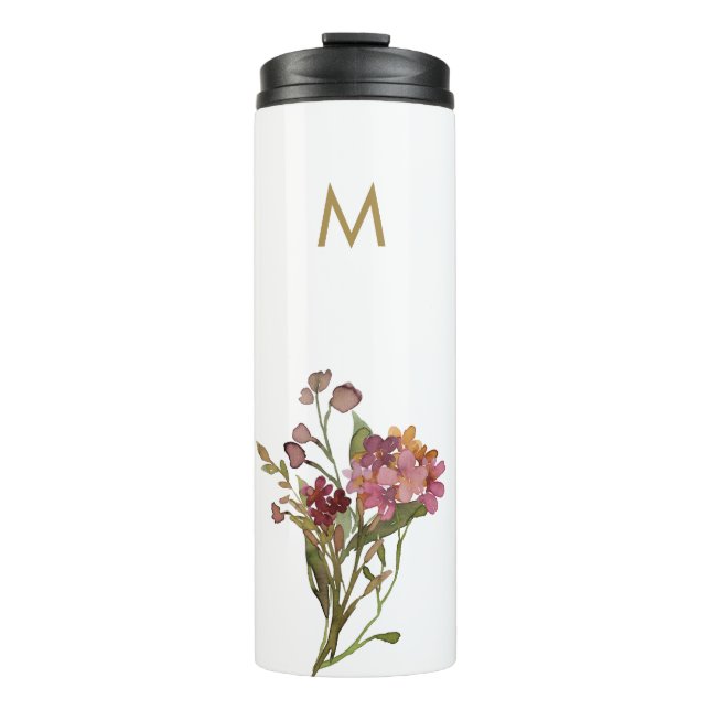Modern Burgundy Pink Floral Watercolor Monogram Thermosbecher (Vorderseite)