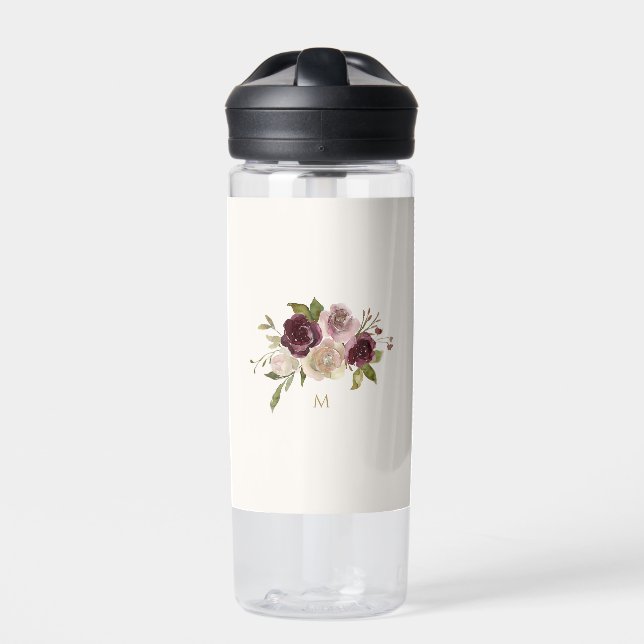 Modern Burgundy Pink Floral Watercolor Monogram Trinkflasche (Vorderseite)