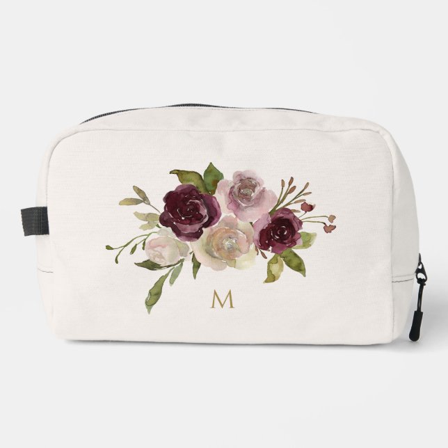 Modern Burgundy Pink Floral Watercolor Monogram Waschbeutel (Vorderseite)