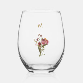 Modern Burgundy Pink Floral Watercolor Monogram Weinglas Ohne Stiel