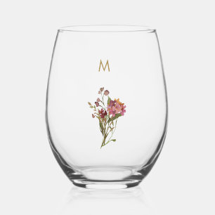 Modern Burgundy Pink Floral Watercolor Monogram Weinglas Ohne Stiel