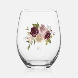 Modern Burgundy Pink Floral Watercolor Monogram Weinglas Ohne Stiel