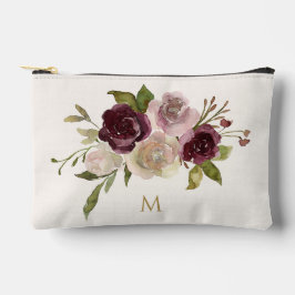 Modern Burgundy Pink Floral Watercolor Monogram Zubehörtasche