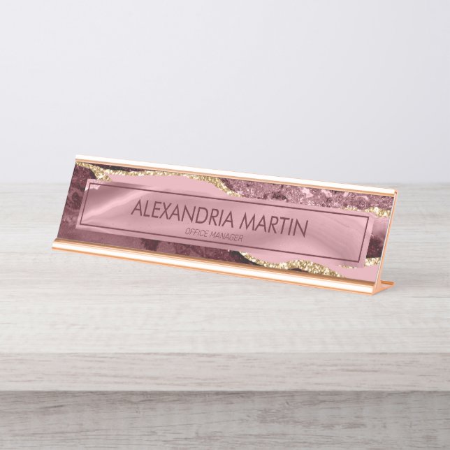 Modern Burgundy Pink Gold Glitzer Marmorstube Agat Schreibtischnamensplakette (Vorderseite )