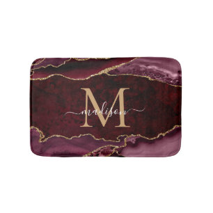 Modern Burgundy Red Gold Agate Geode Chic Monogram Badematte